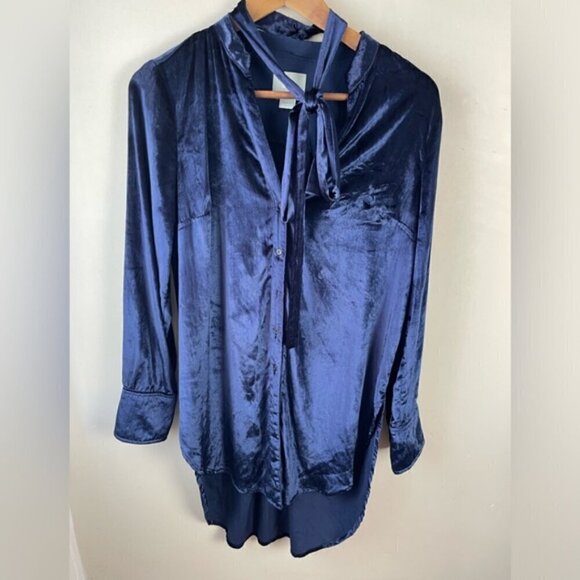 Anthropologie Maeve Blue Velvet Tie-Neck Button-down Tunic Sz US 2 Elegant - Picture 2 of 13